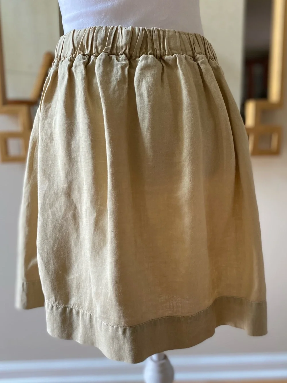 J.Crew Linen Vintage Mini Skirt Beige Size 8 Drawstring Elastic Waist A-Line